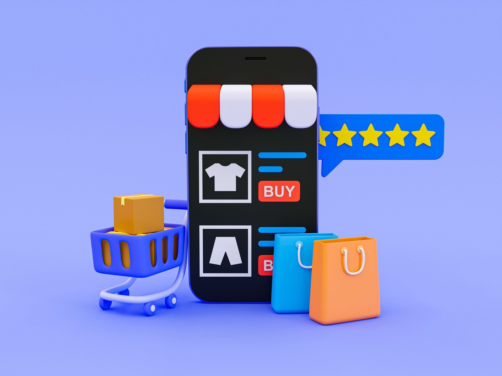 Planification d’entreprise minimale 3D. Concurrence financière. Achats en ligne. Stratégie marketing. Smartphone avec vitrine avec panier, sac à provisions et boîte d’évaluation. Illustration 3D.